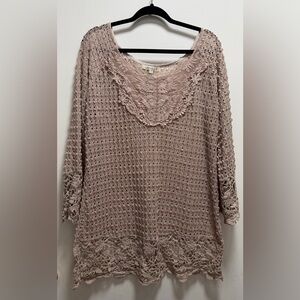 Umgee Tan Round Neck Lace Crochet Pullover Dainty 3/4 Sleeve Top 1XL Beach Cover